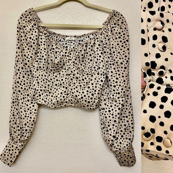 LUSH cream blouse crop long sleeve black dots button front  off the shoulder-S - Picture 1 of 10